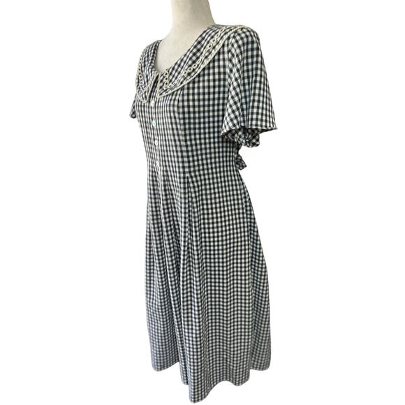 Vtg 80s Black White Gingham Prairie Dress Peter Pan Collar 10/12 Petite Modest - Picture 5 of 10